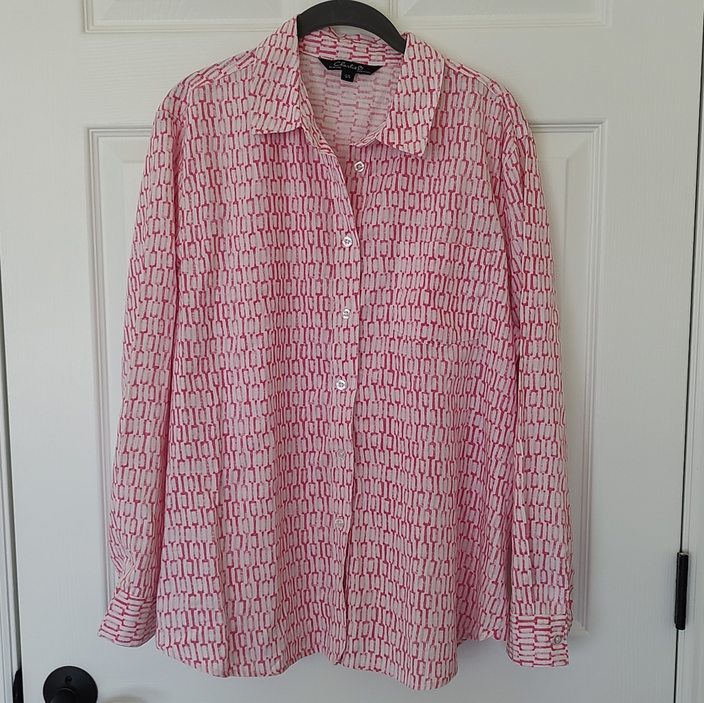 Charlie B Linen Rayon Blend Pink White Link Preppy Button Up Shirt Size L